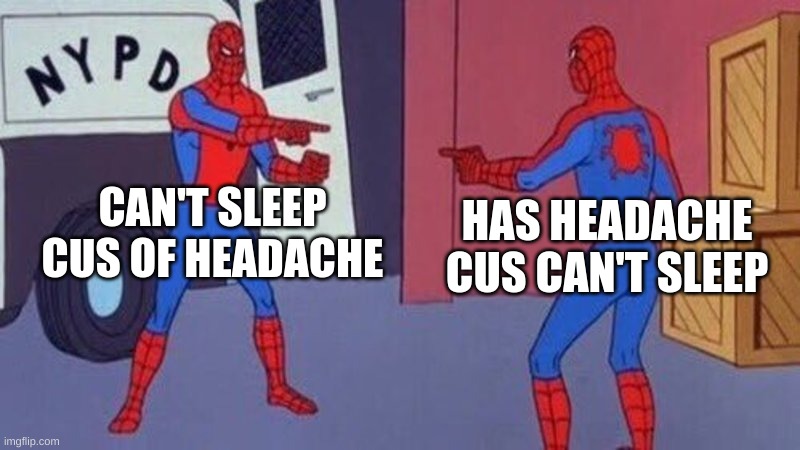 spiderman pointing at spiderman | CAN'T SLEEP CUS OF HEADACHE; HAS HEADACHE CUS CAN'T SLEEP | image tagged in spiderman pointing at spiderman | made w/ Imgflip meme maker