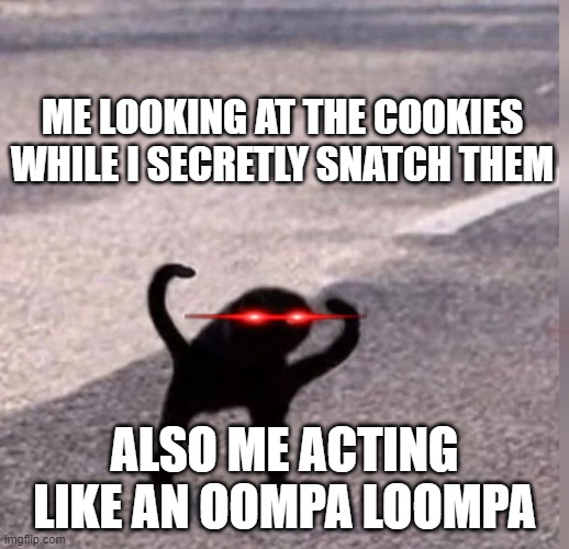 COOKIES?!? | ME LOOKING AT THE COOKIES WHILE I SECRETLY SNATCH THEM; ALSO ME ACTING LIKE AN OOMPA LOOMPA | image tagged in cursed cat | made w/ Imgflip meme maker
