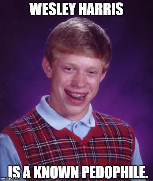Bad Luck Brian | WESLEY HARRIS; IS A KNOWN PEDOPHILE. | image tagged in memes,bad luck brian | made w/ Imgflip meme maker