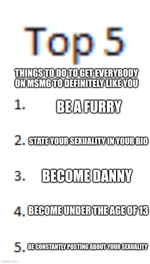 Top 5 List | THINGS TO DO TO GET EVERYBODY ON MSMG TO DEFINITELY LIKE YOU; BE A FURRY; STATE YOUR SEXUALITY IN YOUR BIO; BECOME DANNY; BECOME UNDER THE AGE OF 13; BE CONSTANTLY POSTING ABOUT YOUR SEXUALITY | image tagged in top 5 list | made w/ Imgflip meme maker