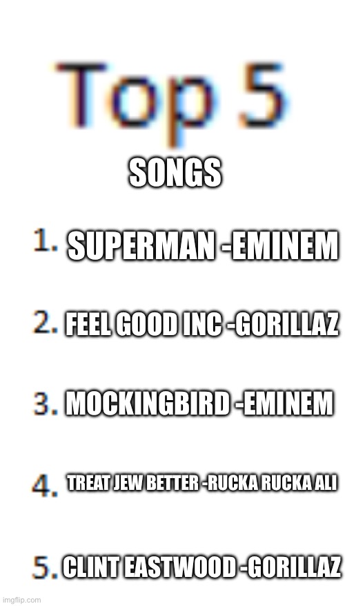 my opinion | SONGS; SUPERMAN -EMINEM; FEEL GOOD INC -GORILLAZ; MOCKINGBIRD -EMINEM; TREAT JEW BETTER -RUCKA RUCKA ALI; CLINT EASTWOOD -GORILLAZ | image tagged in top 5 list | made w/ Imgflip meme maker