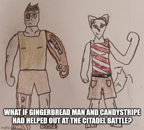 Probably my FOMO | WHAT IF GINGERBREAD MAN AND CANDYSTRIPE HAD HELPED OUT AT THE CITADEL BATTLE? | image tagged in gingerbread man,candystripe | made w/ Imgflip meme maker