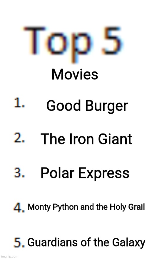 imo | Movies; Good Burger; The Iron Giant; Polar Express; Monty Python and the Holy Grail; Guardians of the Galaxy | image tagged in top 5 list | made w/ Imgflip meme maker