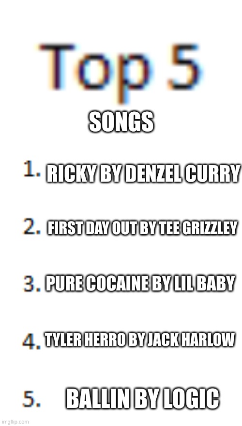 Top 5 List | SONGS; RICKY BY DENZEL CURRY; FIRST DAY OUT BY TEE GRIZZLEY; PURE COCAINE BY LIL BABY; TYLER HERRO BY JACK HARLOW; BALLIN BY LOGIC | image tagged in top 5 list | made w/ Imgflip meme maker