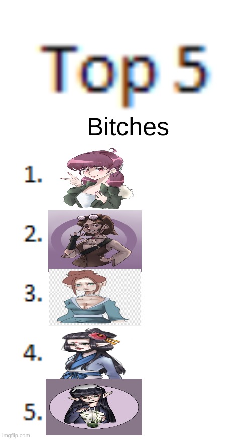 Top 5 List | Bitches | image tagged in top 5 list | made w/ Imgflip meme maker