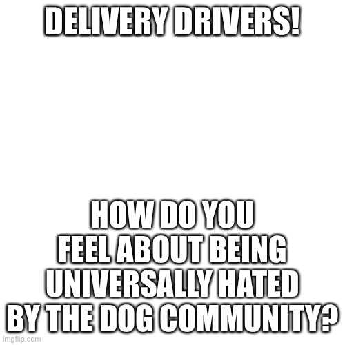 *1000000000 decible barking* | DELIVERY DRIVERS! HOW DO YOU FEEL ABOUT BEING UNIVERSALLY HATED BY THE DOG COMMUNITY? | image tagged in memes,blank transparent square | made w/ Imgflip meme maker