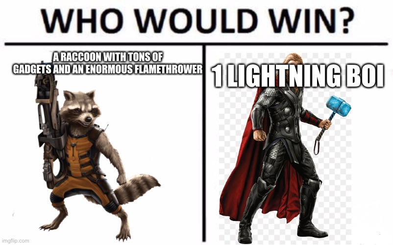 Who Would Win? | A RACCOON WITH TONS OF GADGETS AND AN ENORMOUS FLAMETHROWER; 1 LIGHTNING BOI | image tagged in memes,who would win | made w/ Imgflip meme maker