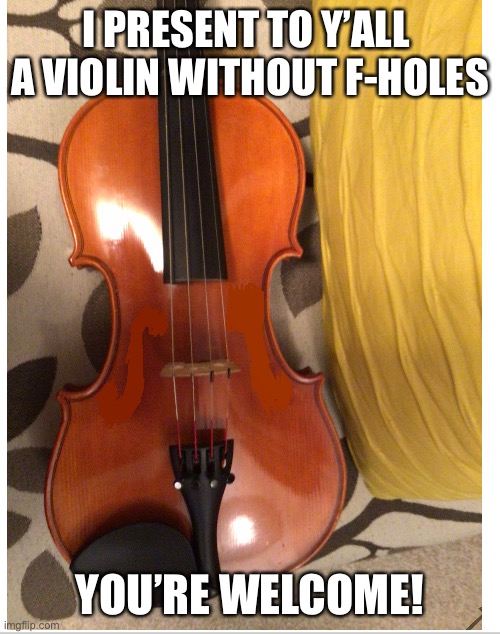 F-hole | I PRESENT TO Y’ALL 
A VIOLIN WITHOUT F-HOLES; YOU’RE WELCOME! | image tagged in violin | made w/ Imgflip meme maker