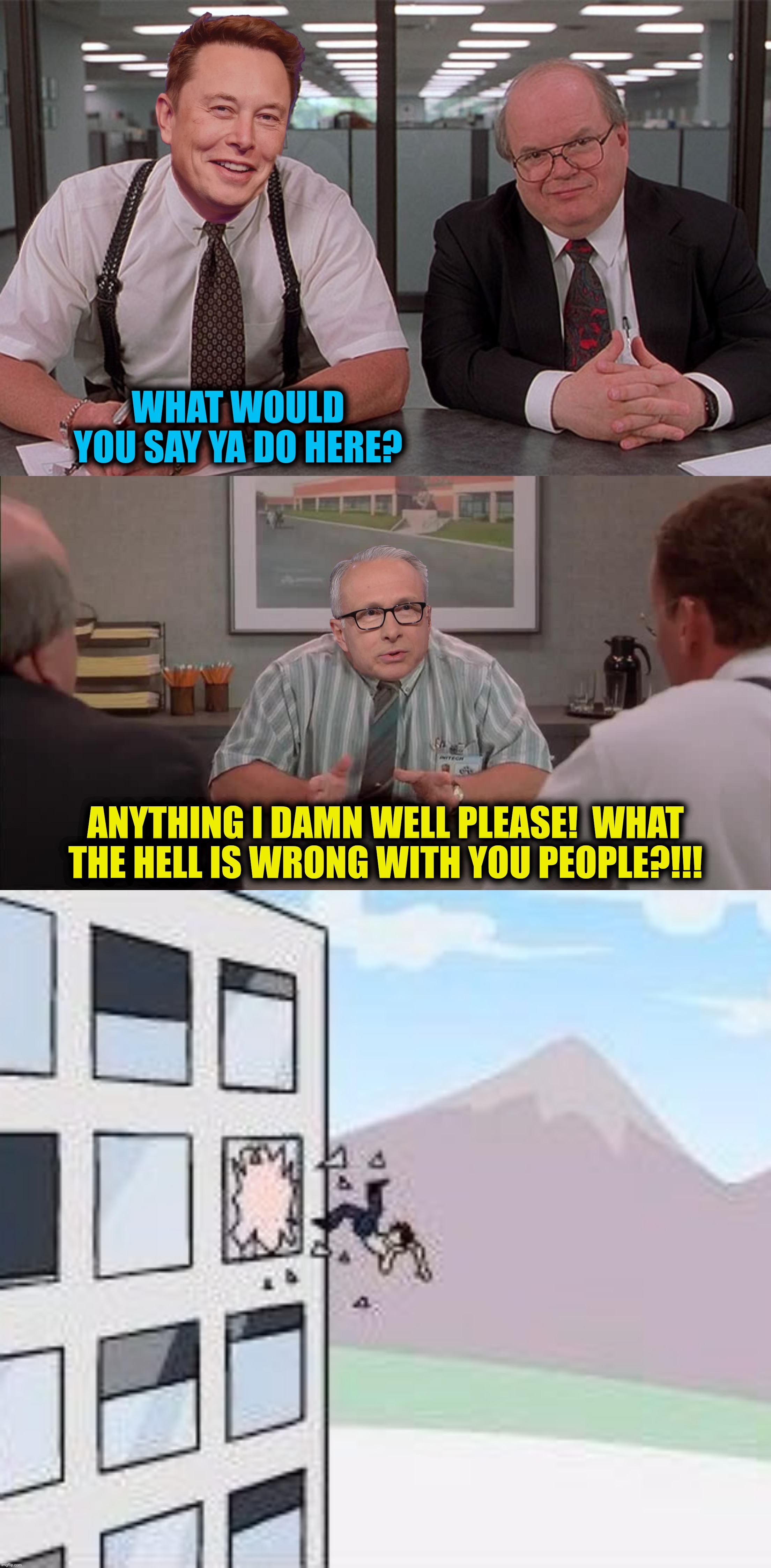 Learning to fly | WHAT WOULD YOU SAY YA DO HERE? ANYTHING I DAMN WELL PLEASE!  WHAT THE HELL IS WRONG WITH YOU PEOPLE?!!! | image tagged in bad photoshop,elon musk,james baker,office space,boardroom meeting suggestion | made w/ Imgflip meme maker