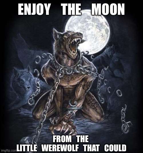 Werewolf unchained | ENJOY    THE    MOON; FROM   THE 
LITTLE   WEREWOLF   THAT   COULD | image tagged in werewolf unchained | made w/ Imgflip meme maker