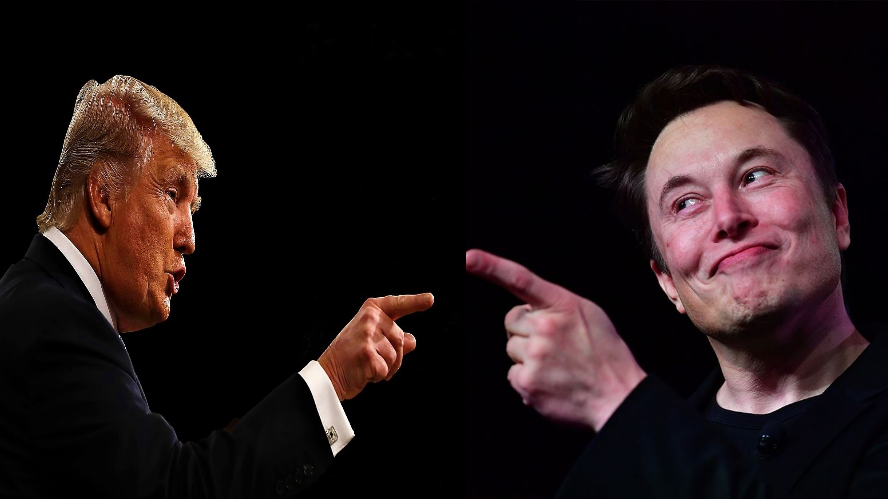 Trump and Elon Musk point to each other Blank Meme Template