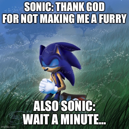 praying sonic | SONIC: THANK GOD FOR NOT MAKING ME A FURRY; ALSO SONIC: WAIT A MINUTE… | image tagged in praying sonic | made w/ Imgflip meme maker