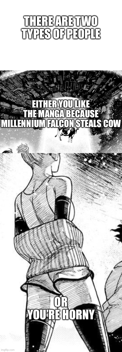 THERE ARE TWO TYPES OF PEOPLE EITHER YOU LIKE THE MANGA BECAUSE MILLENNIUM FALCON STEALS COW OR YOU’RE HORNY | made w/ Imgflip meme maker