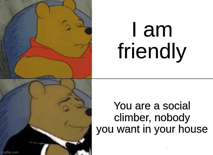 social climber | I am friendly; You are a social climber, nobody you want in your house | image tagged in memes,tuxedo winnie the pooh | made w/ Imgflip meme maker