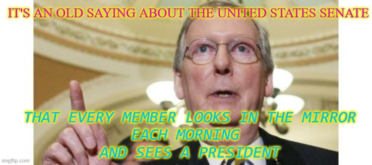 It's an old saying about the United States Senate | IT'S AN OLD SAYING ABOUT THE UNITED STATES SENATE; THAT EVERY MEMBER LOOKS IN THE MIRROR
EACH MORNING 
AND SEES A PRESIDENT | image tagged in memes,mitch mcconnell | made w/ Imgflip meme maker