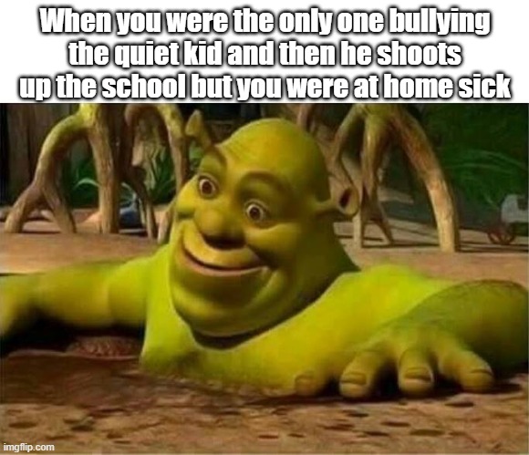 shrek | When you were the only one bullying the quiet kid and then he shoots up the school but you were at home sick | image tagged in shrek | made w/ Imgflip meme maker