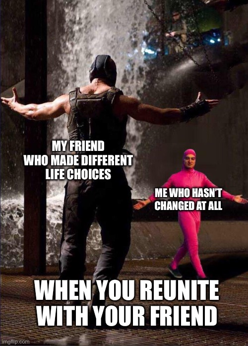 Pink Guy vs Bane | MY FRIEND WHO MADE DIFFERENT LIFE CHOICES; ME WHO HASN’T CHANGED AT ALL; WHEN YOU REUNITE WITH YOUR FRIEND | image tagged in pink guy vs bane | made w/ Imgflip meme maker