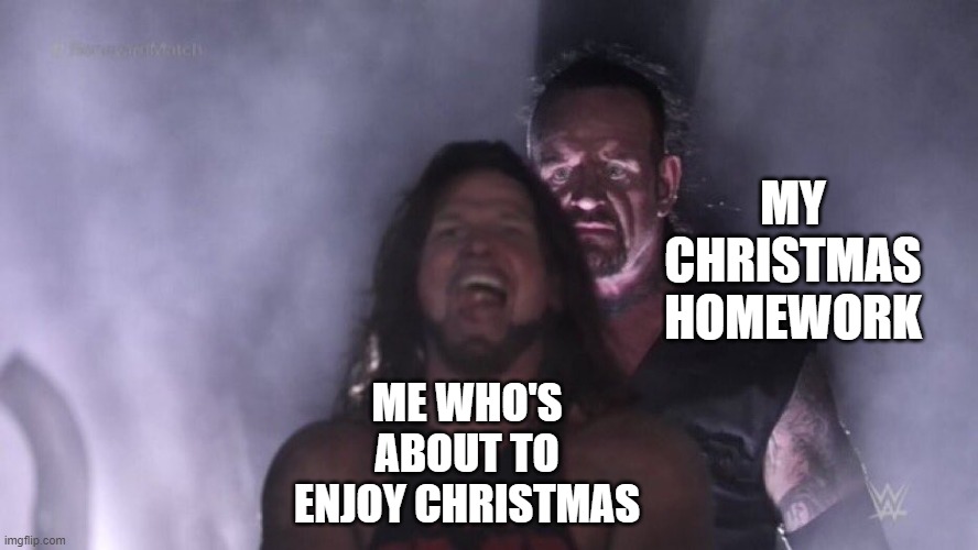 nooooooOooo | MY CHRISTMAS HOMEWORK; ME WHO'S ABOUT TO ENJOY CHRISTMAS | image tagged in aj styles undertaker | made w/ Imgflip meme maker