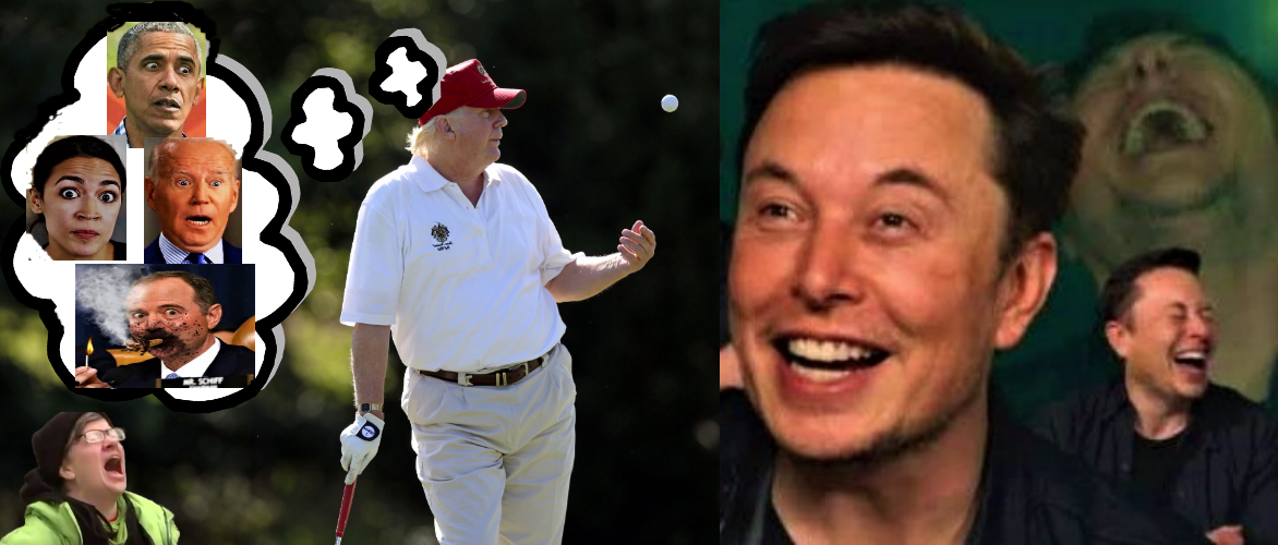 Trump golfs and thinks about liberals, Elon laughs Blank Meme Template