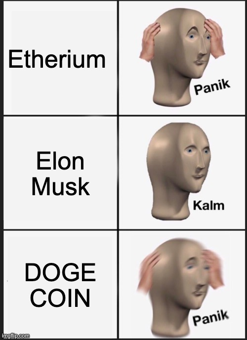 Coins Be like | Etherium; Elon Musk; DOGE COIN | image tagged in memes,panik kalm panik | made w/ Imgflip meme maker