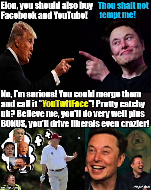 trump and elon pointing discuss merger. trump thinks of liberals while golfing, elon laughs | Elon, you should also buy
Facebook and YouTube! Thou shalt not
   tempt me! No, I'm serious! You could merge them
and call it "YouTwitFace"! Pretty catchy
uh? Believe me, you'll do very well plus
BONUS, you'll drive liberals even crazier! YouTwitFace; Angel Soto | image tagged in trump,elon musk,twitter,facebook,youtube,liberals | made w/ Imgflip meme maker