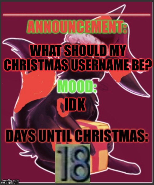 11:21PM, Wednesday, December 7th, 2022 | WHAT SHOULD MY CHRISTMAS USERNAME BE? IDK | image tagged in the red umbreon s christmas temp | made w/ Imgflip meme maker