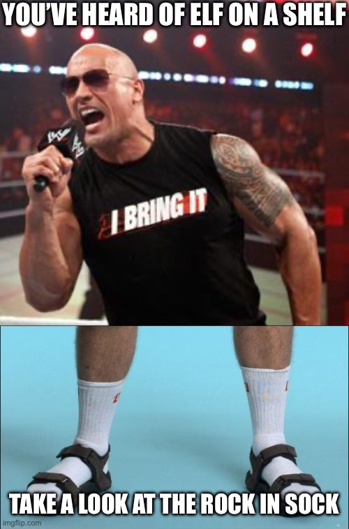 Photoshop 100 | YOU’VE HEARD OF ELF ON A SHELF; TAKE A LOOK AT THE ROCK IN SOCK | image tagged in the rock it doesn't matter,socks and sandals,sock,elf on a shelf | made w/ Imgflip meme maker