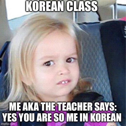 KOREAN | KOREAN CLASS; ME AKA THE TEACHER SAYS: YES YOU ARE SO ME IN KOREAN | image tagged in confused little girl | made w/ Imgflip meme maker
