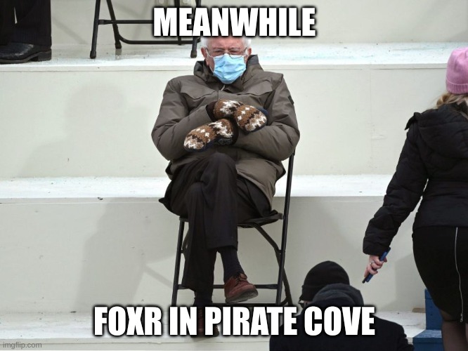 Bernie Sanders Mittens | MEANWHILE FOXR IN PIRATE COVE | image tagged in bernie sanders mittens | made w/ Imgflip meme maker