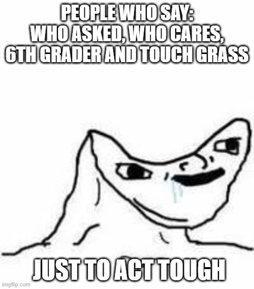 Honestly | PEOPLE WHO SAY: WHO ASKED, WHO CARES, 6TH GRADER AND TOUCH GRASS; JUST TO ACT TOUGH | image tagged in no brain | made w/ Imgflip meme maker