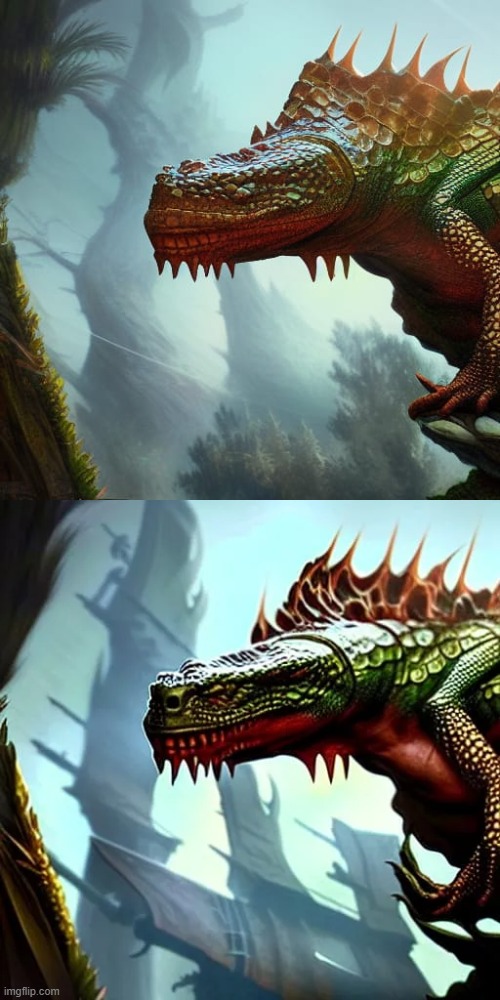 1. Righteous Reptile. 2. Righteous, Heroic, Virtuous Reptile. Ai generated. 2nd pic's background got interesting. | image tagged in reptile,hero,virtue,ai generated art | made w/ Imgflip meme maker