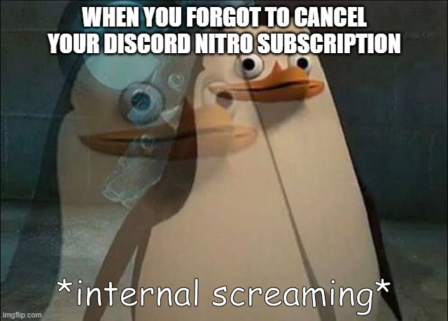 Private Internal Screaming | WHEN YOU FORGOT TO CANCEL YOUR DISCORD NITRO SUBSCRIPTION | image tagged in private internal screaming | made w/ Imgflip meme maker