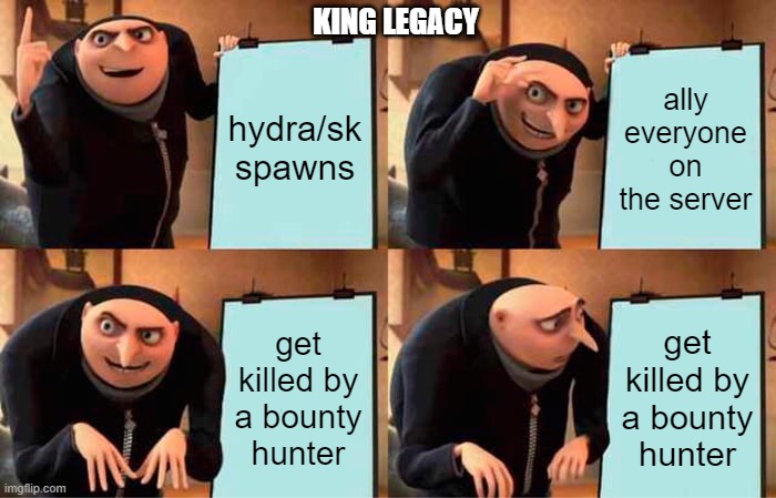 King legacy when hydra/sk spawns | KING LEGACY; hydra/sk spawns; ally everyone on the server; get killed by a bounty hunter; get killed by a bounty hunter | image tagged in memes,gru's plan,king legacy,roblox | made w/ Imgflip meme maker