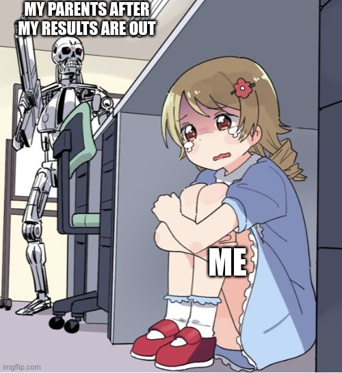Anime Girl Hiding from Terminator | MY PARENTS AFTER MY RESULTS ARE OUT; ME | image tagged in results,exams,parents,anger | made w/ Imgflip meme maker