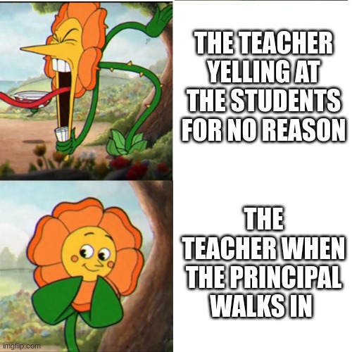 Cuphead Flower | THE TEACHER YELLING AT THE STUDENTS FOR NO REASON; THE TEACHER WHEN THE PRINCIPAL WALKS IN | image tagged in cuphead flower | made w/ Imgflip meme maker