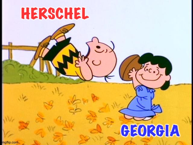 Herschel goes down | HERSCHEL; GEORGIA | image tagged in charlie brown football | made w/ Imgflip meme maker