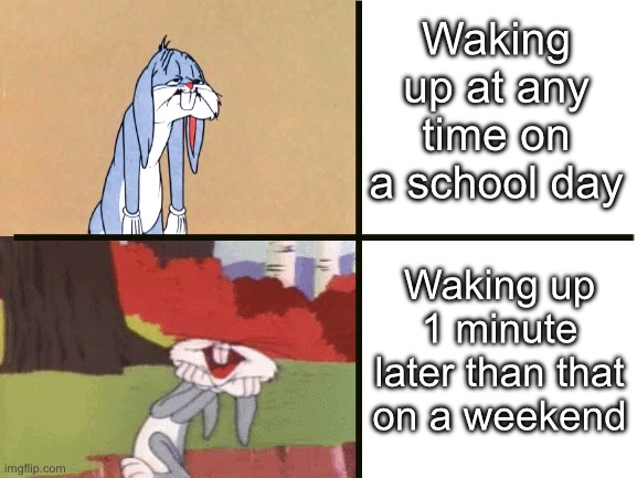 Waking up at any time on a school day; Waking up 1 minute later than that on a weekend | image tagged in i have achieved comedy,bugs bunny,blank template,memes | made w/ Imgflip meme maker