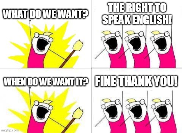 What Do We Want | WHAT DO WE WANT? THE RIGHT TO SPEAK ENGLISH! FINE THANK YOU! WHEN DO WE WANT IT? | image tagged in memes,what do we want | made w/ Imgflip meme maker