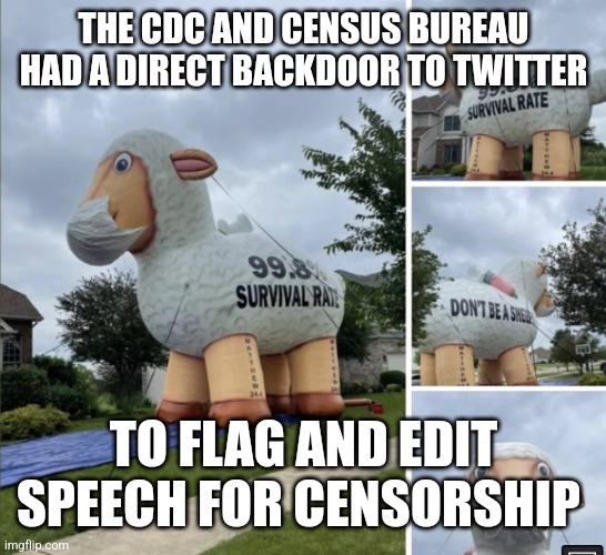 Covid sheep | THE CDC AND CENSUS BUREAU HAD A DIRECT BACKDOOR TO TWITTER; TO FLAG AND EDIT SPEECH FOR CENSORSHIP | image tagged in covid sheep,funny memes | made w/ Imgflip meme maker