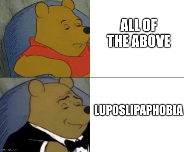 Tuxedo Pooh | ALL OF THE ABOVE LUPOSLIPAPHOBIA | image tagged in tuxedo pooh | made w/ Imgflip meme maker