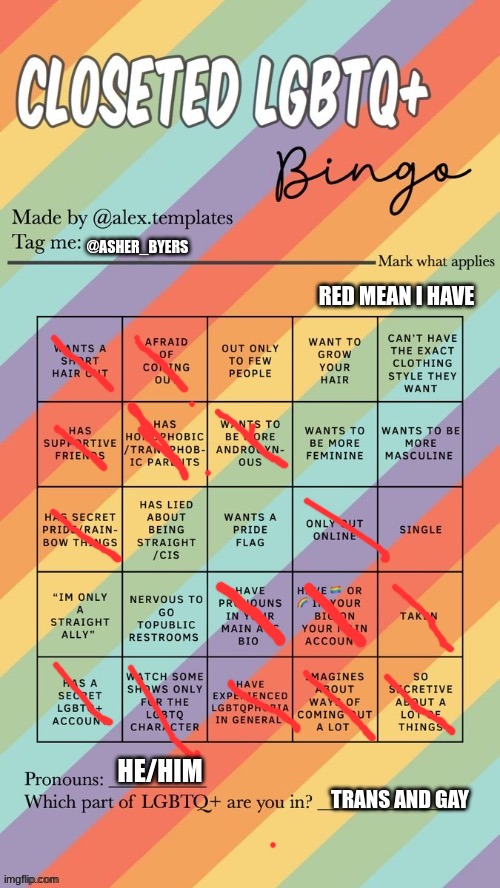 me | @ASHER_BYERS; RED MEAN I HAVE; HE/HIM; TRANS AND GAY | image tagged in closeted lgbtq bingo | made w/ Imgflip meme maker
