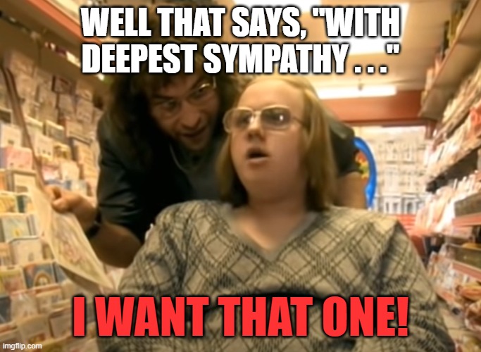 Birthday Condolences | WELL THAT SAYS, "WITH DEEPEST SYMPATHY . . ."; I WANT THAT ONE! | image tagged in birthday,sympathy | made w/ Imgflip meme maker