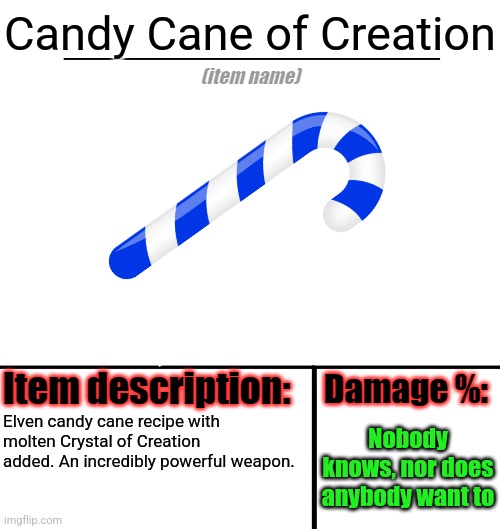 Now apparently noncanon because I knew nothing about the COfC | Candy Cane of Creation; Nobody knows, nor does anybody want to; Elven candy cane recipe with molten Crystal of Creation added. An incredibly powerful weapon. | image tagged in item-shop template,candy cane,crystal of creation | made w/ Imgflip meme maker