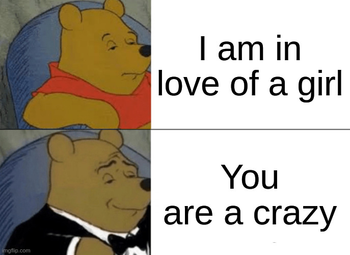 crazy | I am in love of a girl; You are a crazy | image tagged in memes,tuxedo winnie the pooh | made w/ Imgflip meme maker
