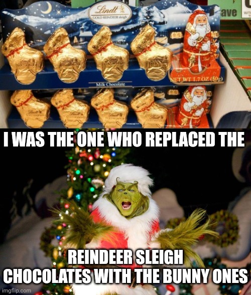 Gold reindeer sleighs, more like bunnies | I WAS THE ONE WHO REPLACED THE; REINDEER SLEIGH CHOCOLATES WITH THE BUNNY ONES | image tagged in christmas grinch,reindeer,sleigh,chocolate,you had one job,memes | made w/ Imgflip meme maker