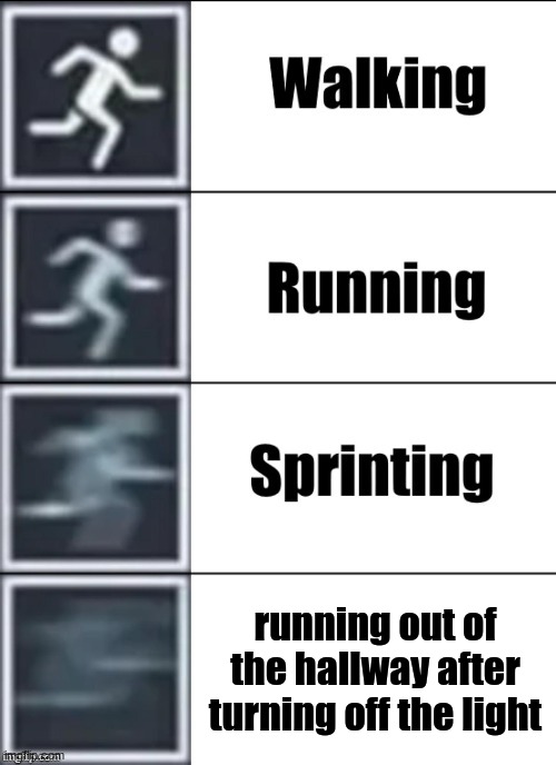 Speed | running out of the hallway after turning off the light | image tagged in very fast | made w/ Imgflip meme maker