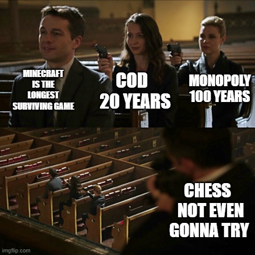 Assassination chain |  MINECRAFT IS THE LONGEST SURVIVING GAME; MONOPOLY 100 YEARS; COD   20 YEARS; CHESS   NOT EVEN GONNA TRY | image tagged in assassination chain | made w/ Imgflip meme maker