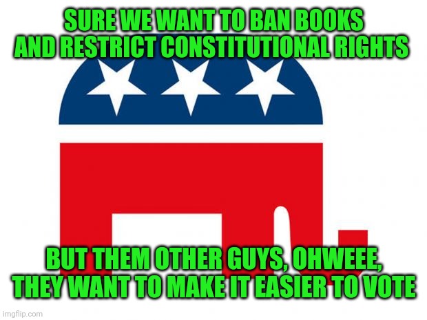 Republican | SURE WE WANT TO BAN BOOKS AND RESTRICT CONSTITUTIONAL RIGHTS BUT THEM OTHER GUYS, OHWEEE, THEY WANT TO MAKE IT EASIER TO VOTE | image tagged in republican | made w/ Imgflip meme maker