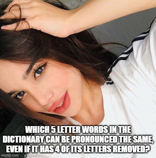 WHICH 5 LETTER WORDS IN THE DICTIONARY CAN BE PRONOUNCED THE SAME, EVEN IF IT HAS 4 OF ITS LETTERS REMOVED? | image tagged in riddle | made w/ Imgflip meme maker
