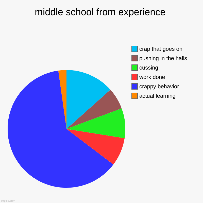 MIDDLE SCHOOL | middle school from experience | actual learning, crappy behavior, work done, cussing, pushing in the halls, crap that goes on | image tagged in charts,pie charts | made w/ Imgflip chart maker